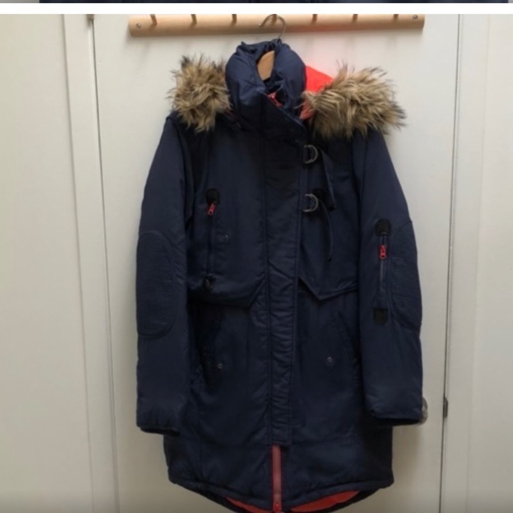 ONLY  -Heavy Duty Navy Blue Parka -orange lining - fur line hood-EUC- Sz M😍❤️​​​ - Picture 12 of 16